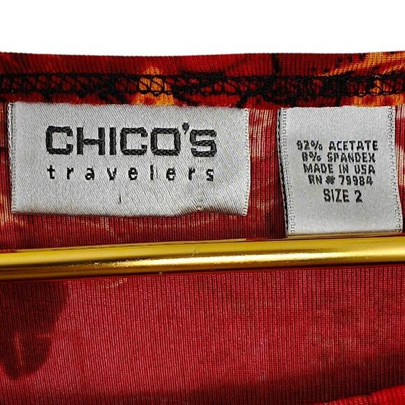 Chico's Travelers Asian Inspired Top Size Large / 2 Red Asymmetrical Hem Stretch - Picture 2 of 6